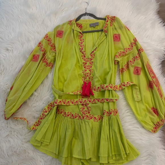 Prunella Dresses & Skirts - Pranella Sia Mini Dress in Lime Green w Pink Cross Stitch Tassels Last O/S